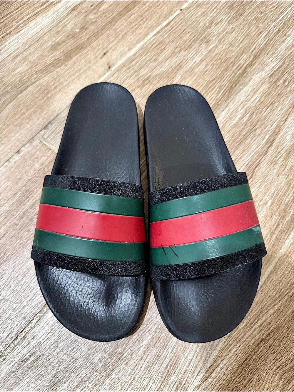 Gucci Web Rubber Slide Sandal Color Block Black & Green WORN! USED!